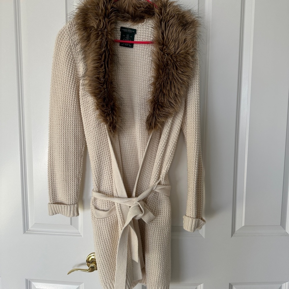Ralph Lauren Cardigan Removable Faux Fur Collar Angora and Cotton Blend
